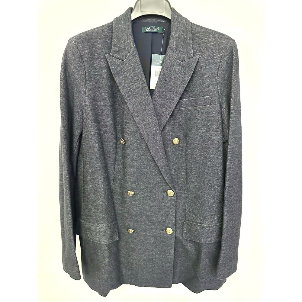 NWT Lauren Ralph Lauren Women's Blue Tweed Double Breasted RL Button Blazer 16